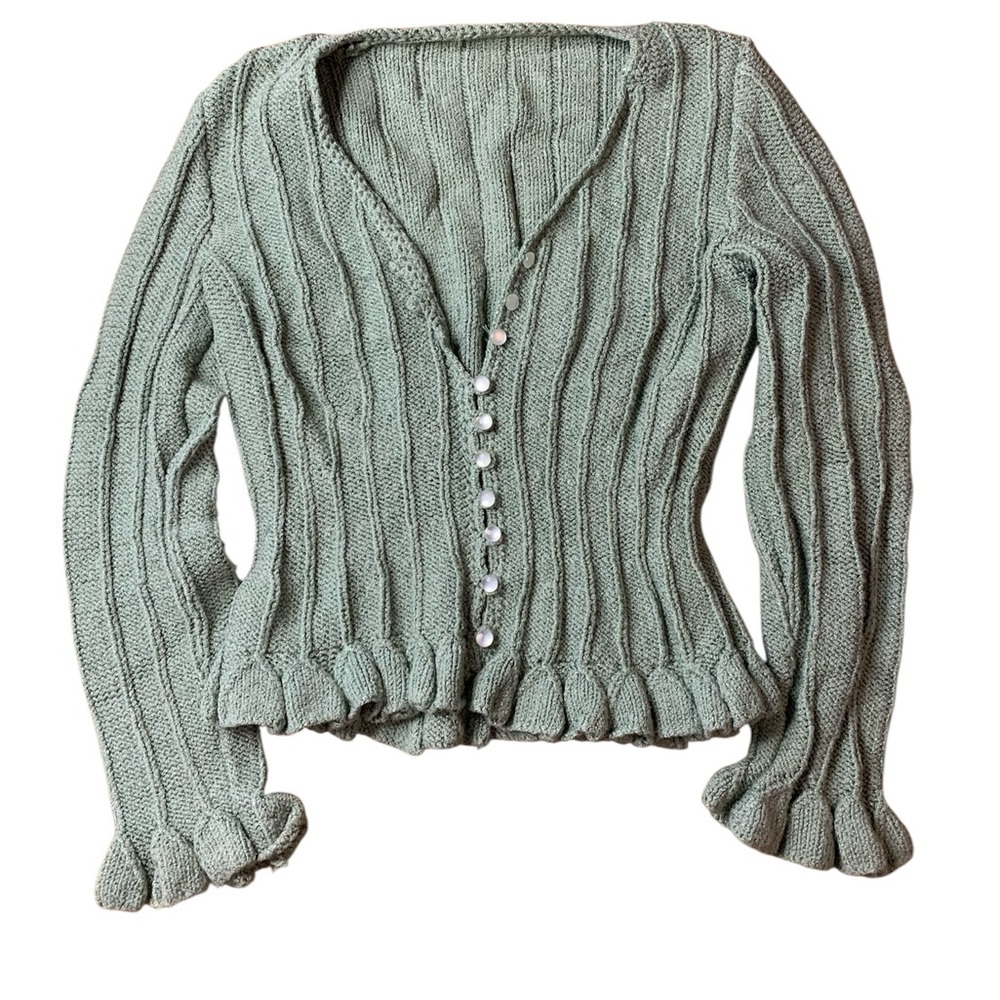 Sage Green Ribbed Ruffle Hem Cardigan - Cottagecore Pearl Button Knit - Small